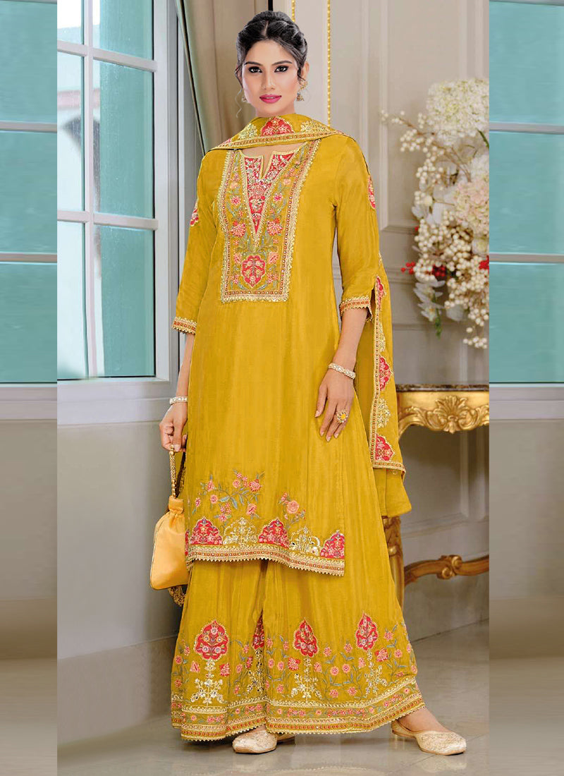 Vegaa Fashion Yellow Chinon Silk Embroidered Designer Palazzo Suit