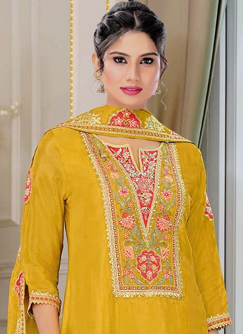 Vegaa Fashion Yellow Chinon Silk Embroidered Designer Palazzo Suit