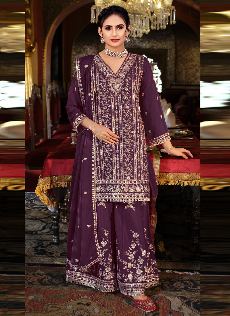 Vegaa Fashion Purple Chinon Silk Embroidered Designer Palazzo Suit