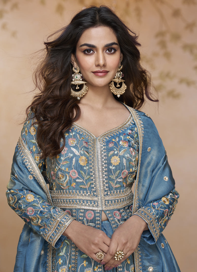 Vegaa Fashion Sky Blue Simar Silk Embroidered Wedding Wear Lehenga Style Suit