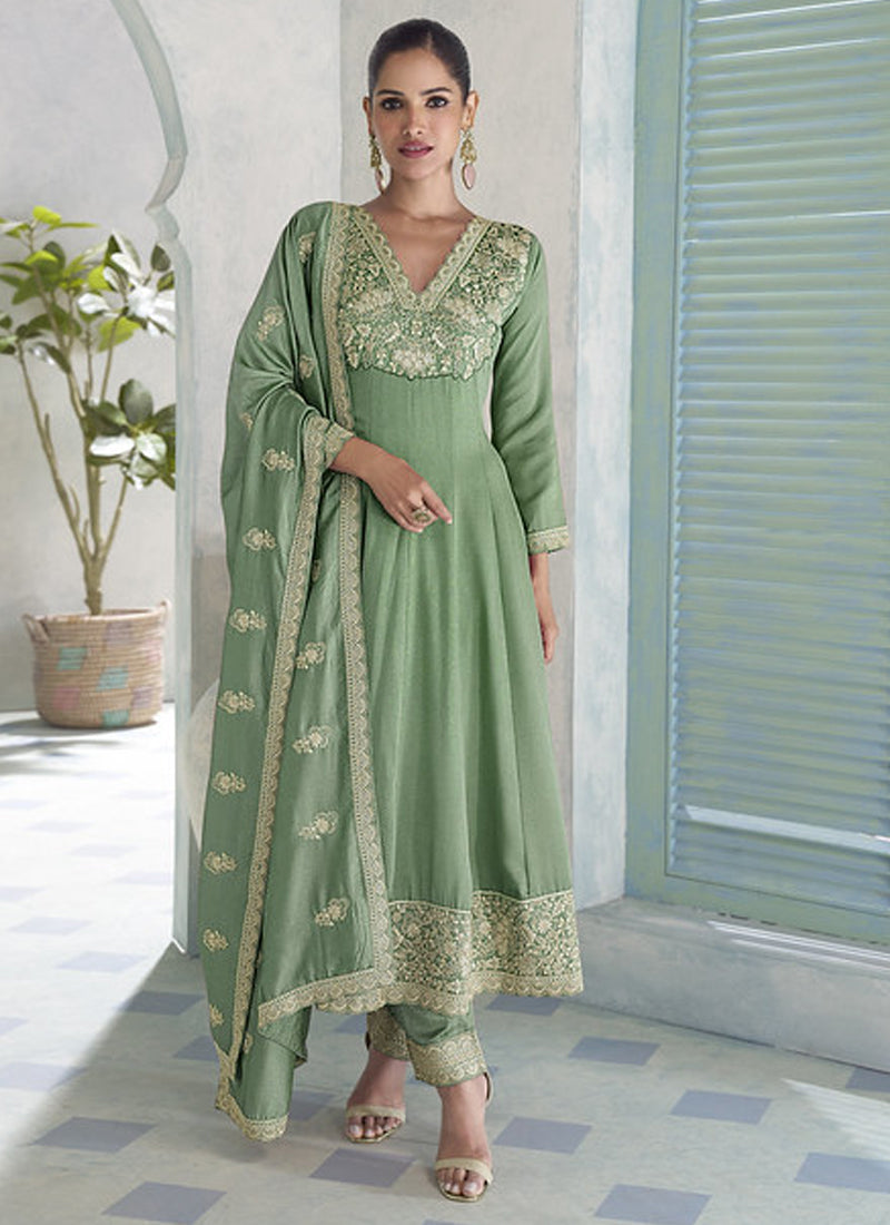 Vegaa Fashion Parrot Green Premium Silk Embroidered Sequence Anarkali Suit