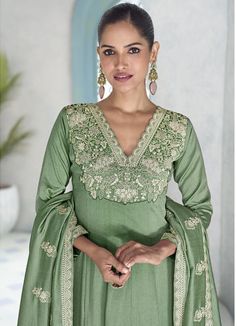 Vegaa Fashion Parrot Green Premium Silk Embroidered Sequence Anarkali Suit