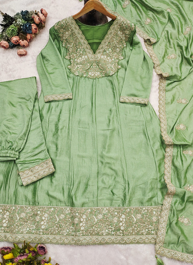 Vegaa Fashion Parrot Green Premium Silk Embroidered Sequence Anarkali Suit