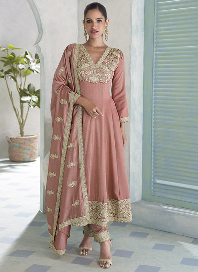 Vegaa Fashion Peach Premium Silk Embroidered Sequence Anarkali Suit