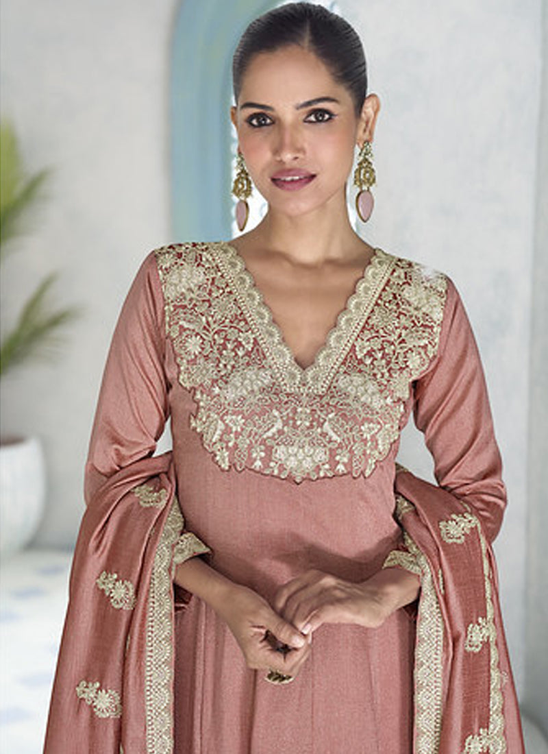 Vegaa Fashion Peach Premium Silk Embroidered Sequence Anarkali Suit