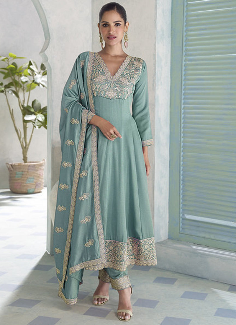 Vegaa Fashion Sky Blue Premium Silk Embroidered Sequence Anarkali Suit