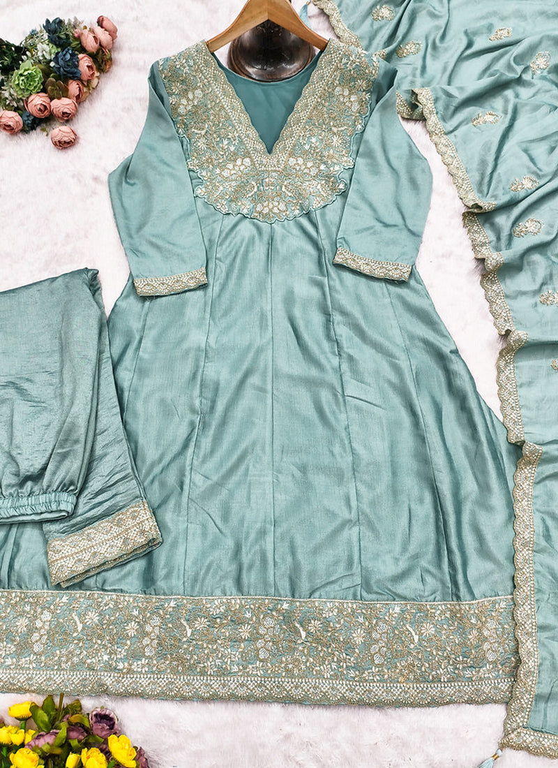 Vegaa Fashion Sky Blue Premium Silk Embroidered Sequence Anarkali Suit