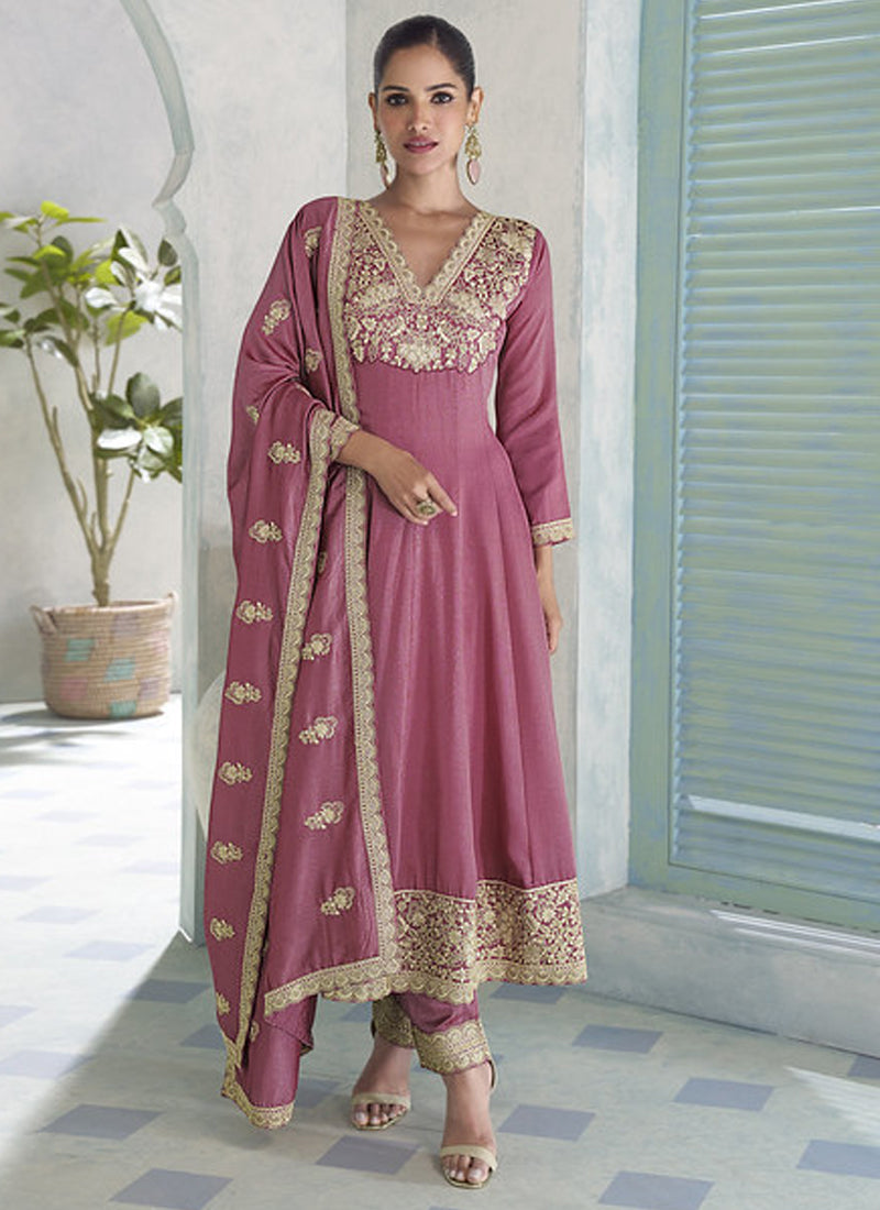 Vegaa Fashion Onion Pink Premium Silk Embroidered Sequence Anarkali Suit