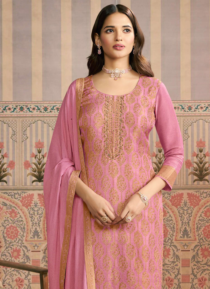 Vegaa Fashion Light Pink Jacquard Silk Hand Work Designer Salwar Suit