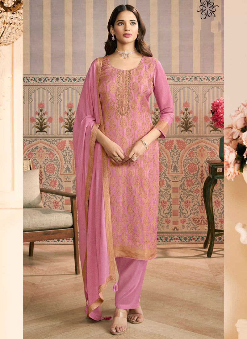 Vegaa Fashion Light Pink Jacquard Silk Hand Work Designer Salwar Suit