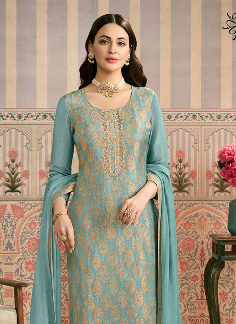 Vegaa Fashion Light Blue Jacquard Silk Hand Work Designer Salwar Suit