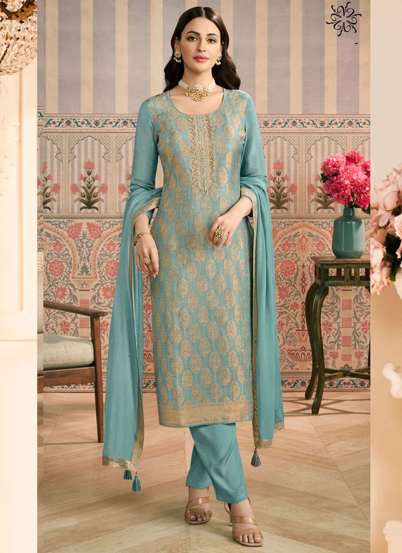 Vegaa Fashion Light Blue Jacquard Silk Hand Work Designer Salwar Suit