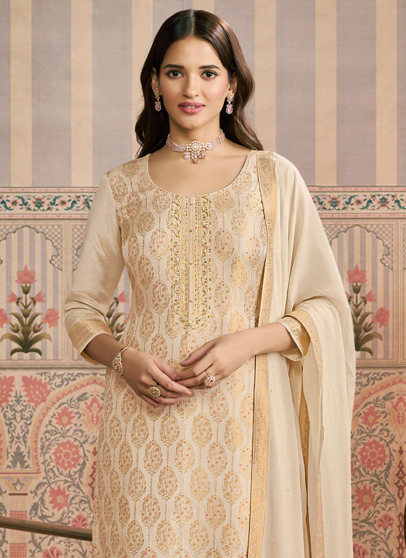 Vegaa Fashion Off White Jacquard Silk Hand Work Designer Salwar Suit