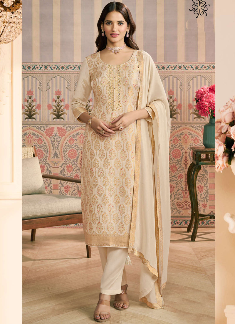Vegaa Fashion Off White Jacquard Silk Hand Work Designer Salwar Suit