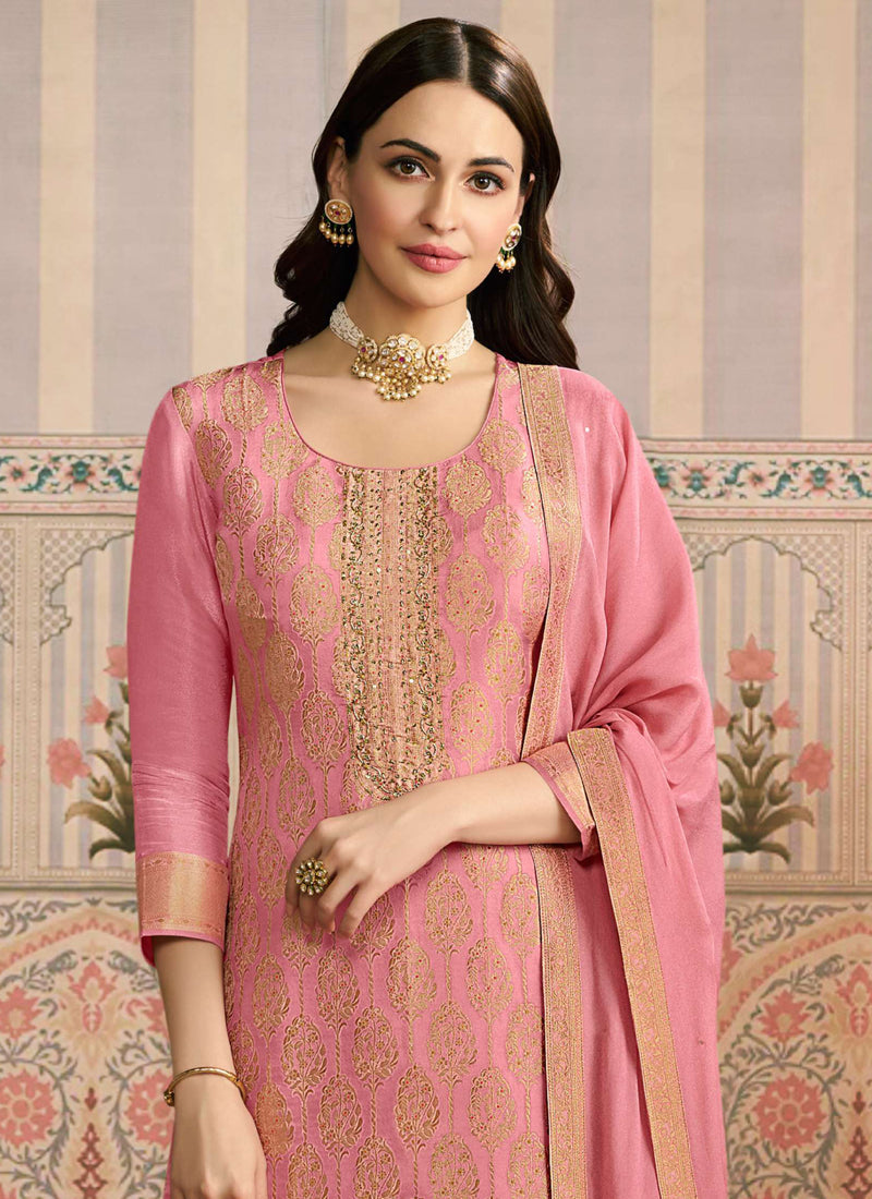 Vegaa Fashion Pink Jacquard Silk Hand Work Designer Salwar Suit