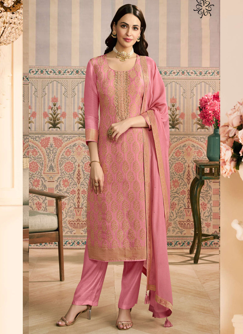 Vegaa Fashion Pink Jacquard Silk Hand Work Designer Salwar Suit