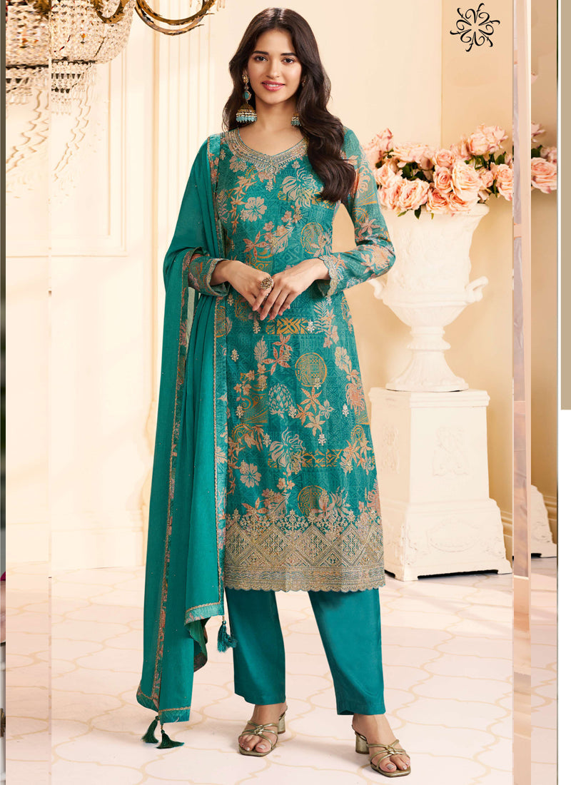 Vegaa Fashion Turquoise Chinon Silk Embroidered Digital Print Designer Salwar Suit