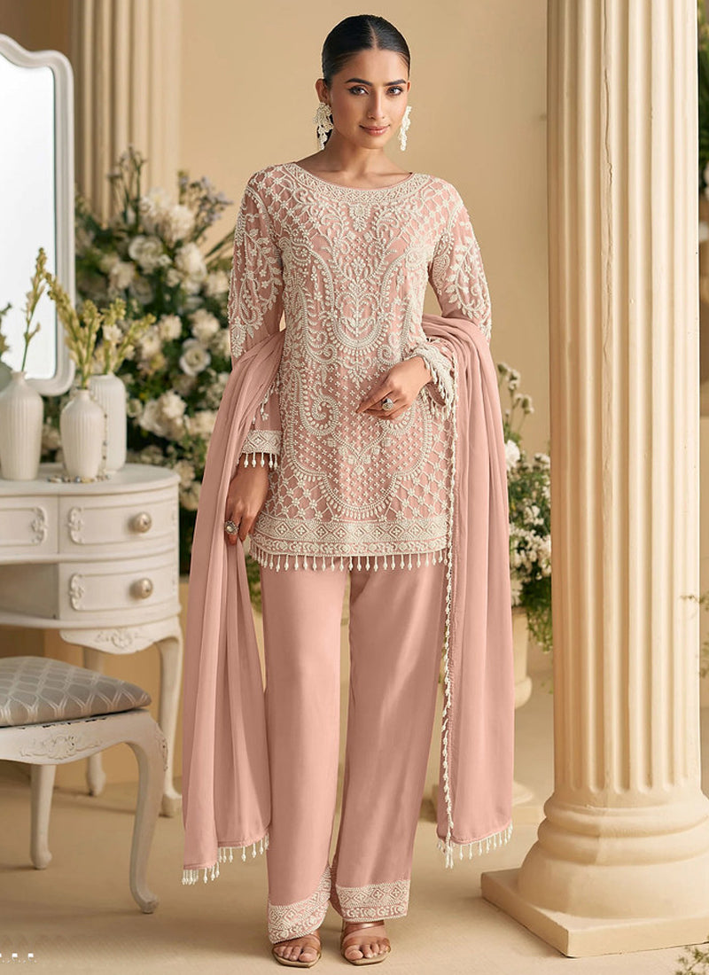 Vegaa Fashion Light Peach Georgette Embroidered Beads Designer Salwar Suit