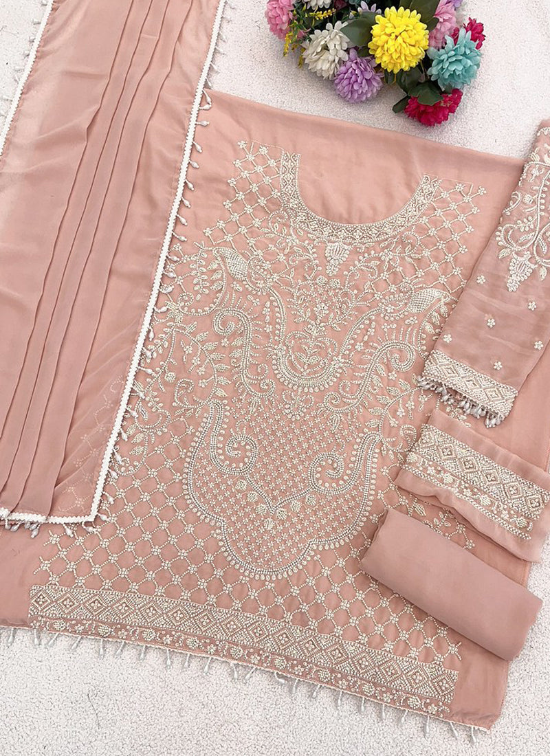 Vegaa Fashion Light Peach Georgette Embroidered Beads Designer Salwar Suit