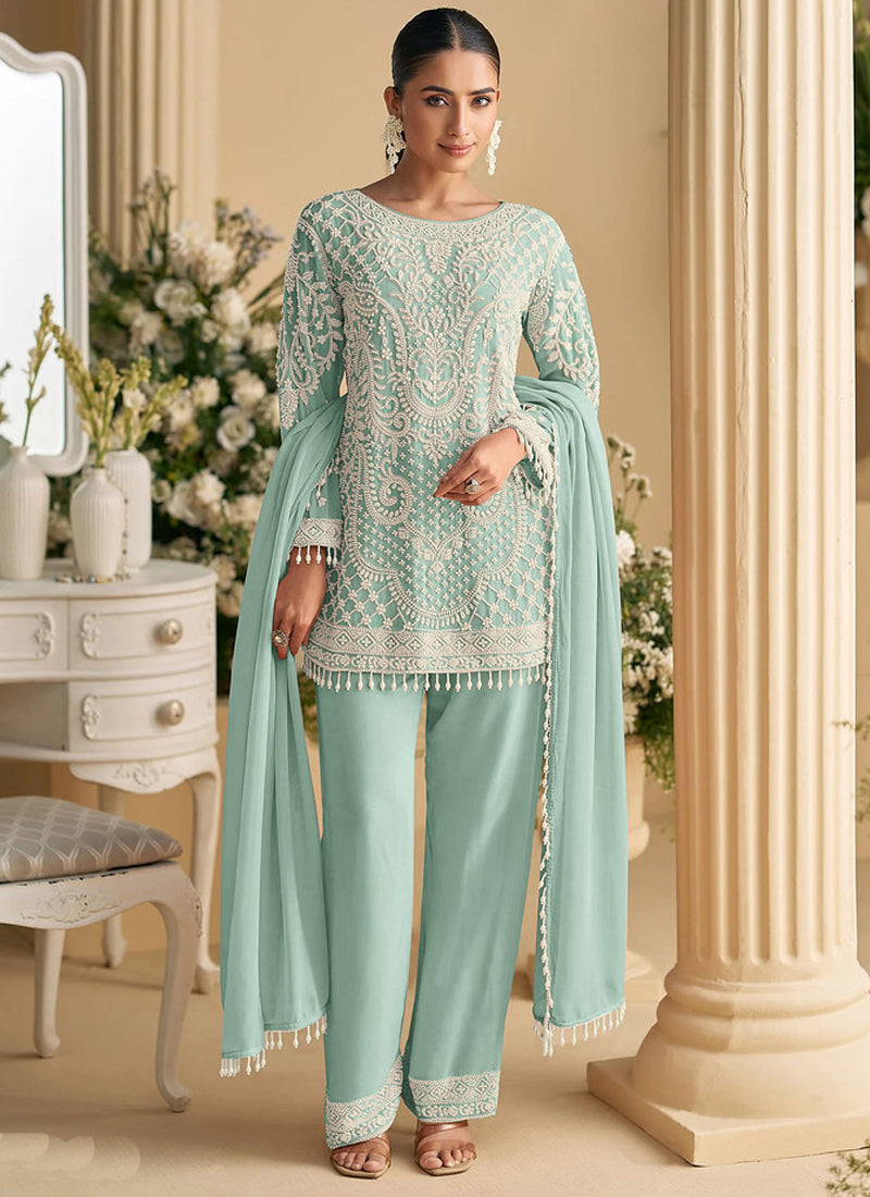 Vegaa Fashion Light Sky Blue Georgette Embroidered Beads Designer Salwar Suit