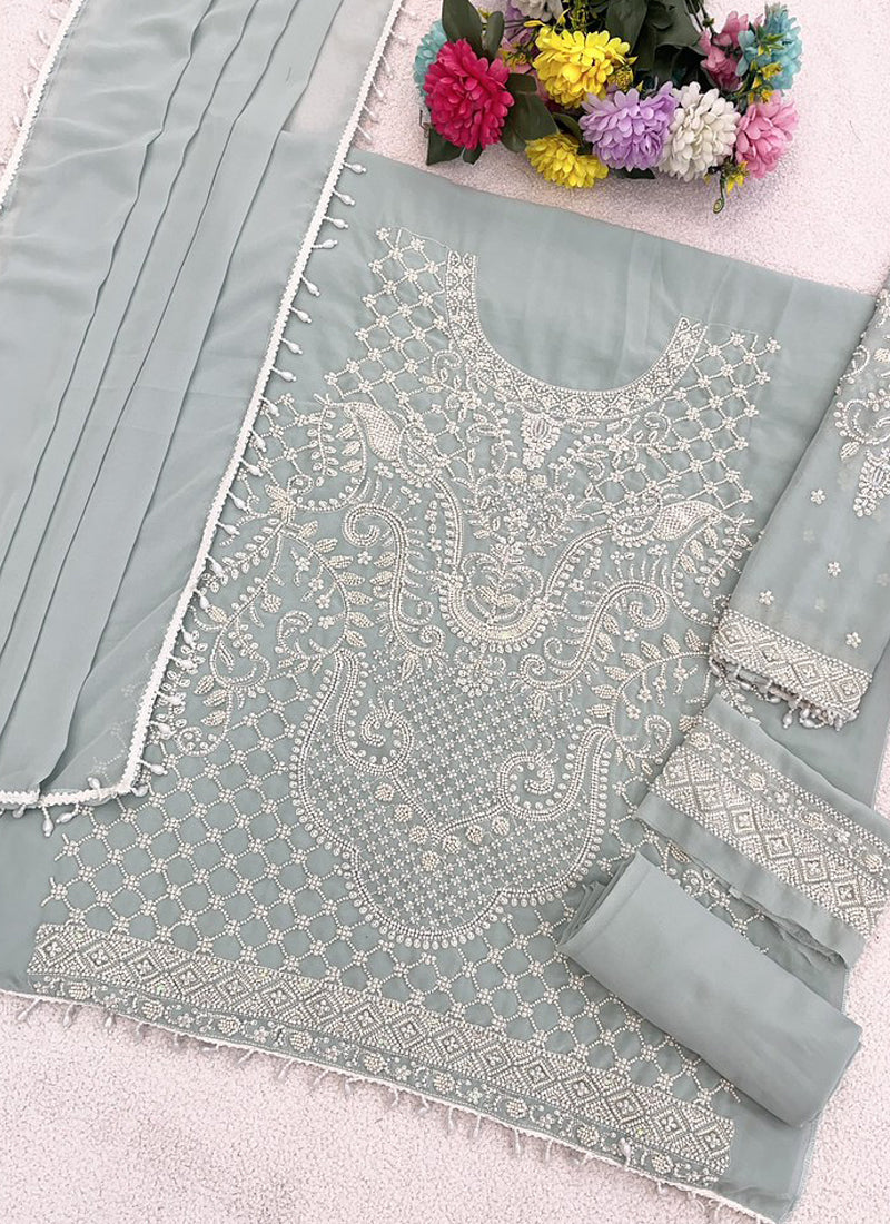 Vegaa Fashion Light Sky Blue Georgette Embroidered Beads Designer Salwar Suit