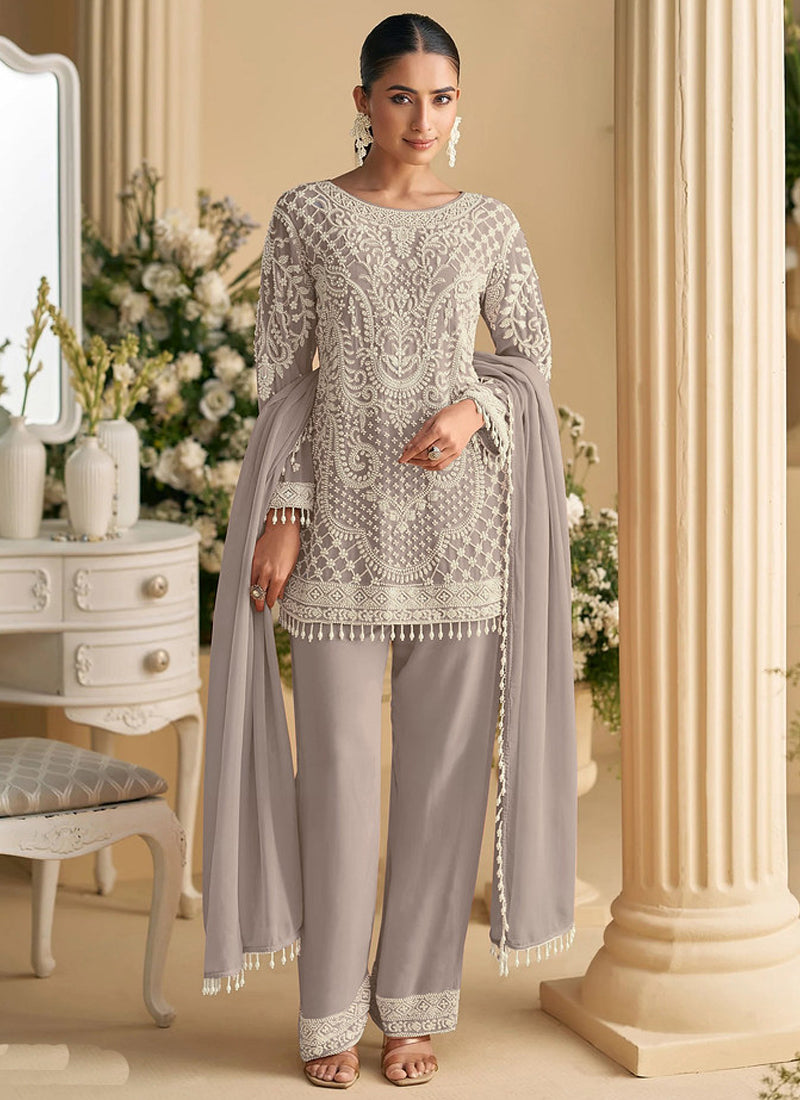 Vegaa Fashion Light Brown Georgette Embroidered Beads Designer Salwar Suit