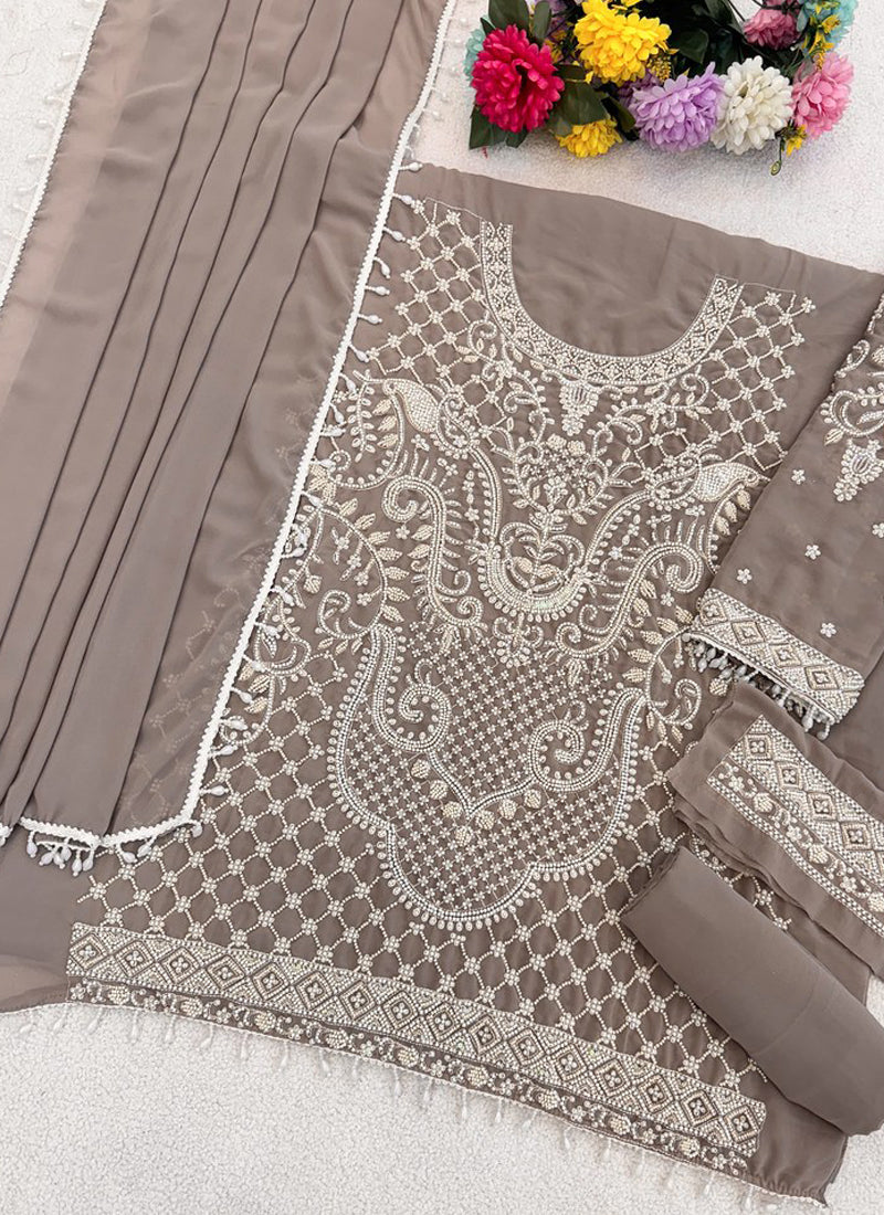 Vegaa Fashion Light Brown Georgette Embroidered Beads Designer Salwar Suit