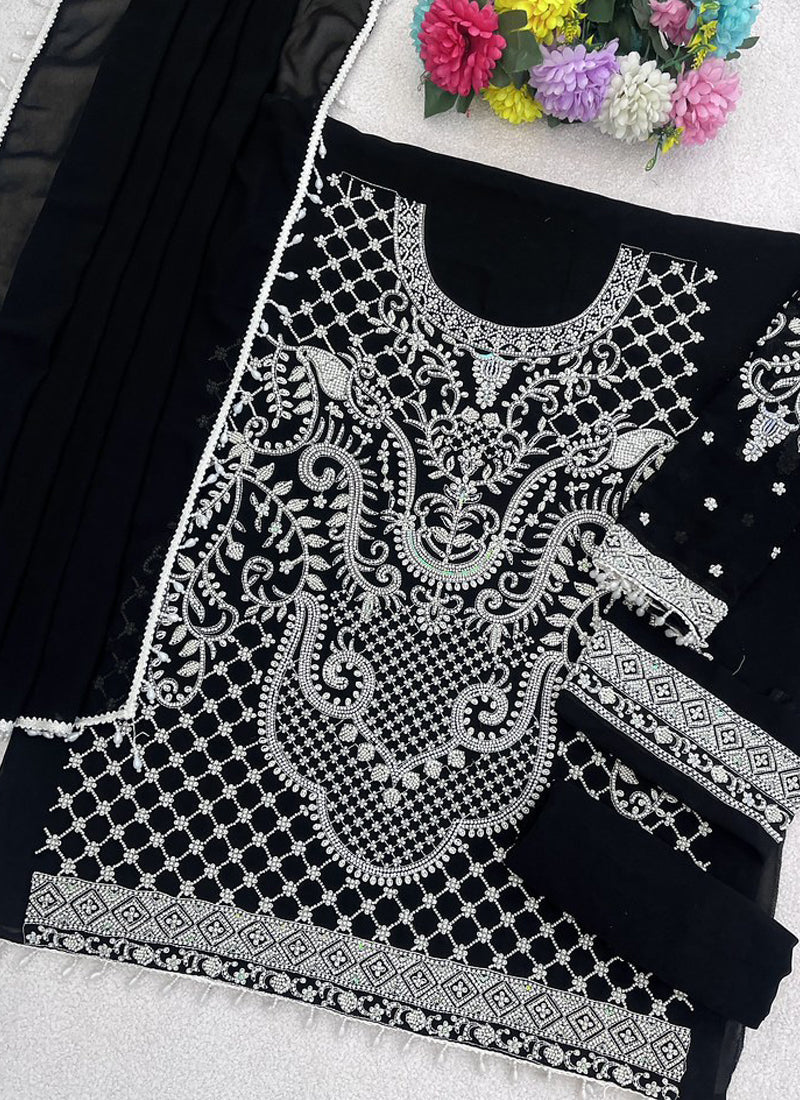 Vegaa Fashion Black Georgette Embroidered Beads Designer Salwar Suit