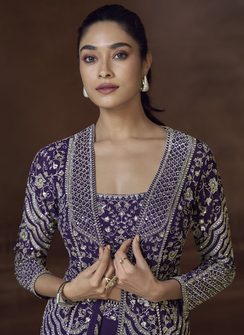 Vegaa Fashion Violet Real Chinon Silk Embroidered Jacket Style Palazzo Suit