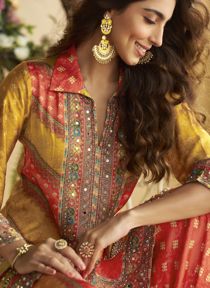 Vegaa Fashion Yellow Crepe Silk Emblissed Mirror Work Designer Cord Set