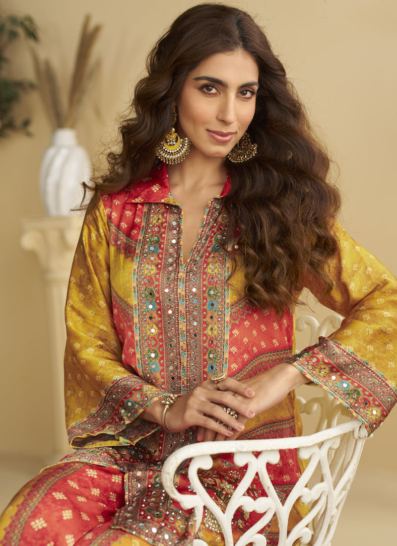 Vegaa Fashion Yellow Crepe Silk Emblissed Mirror Work Designer Cord Set