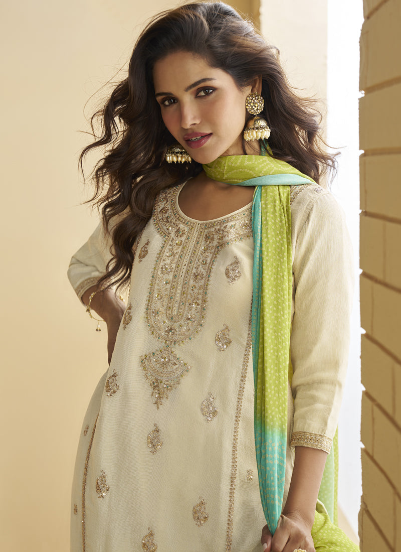 Vegaa Fashion Off White Chinon Silk Embroidered Designer Palazzo Suit