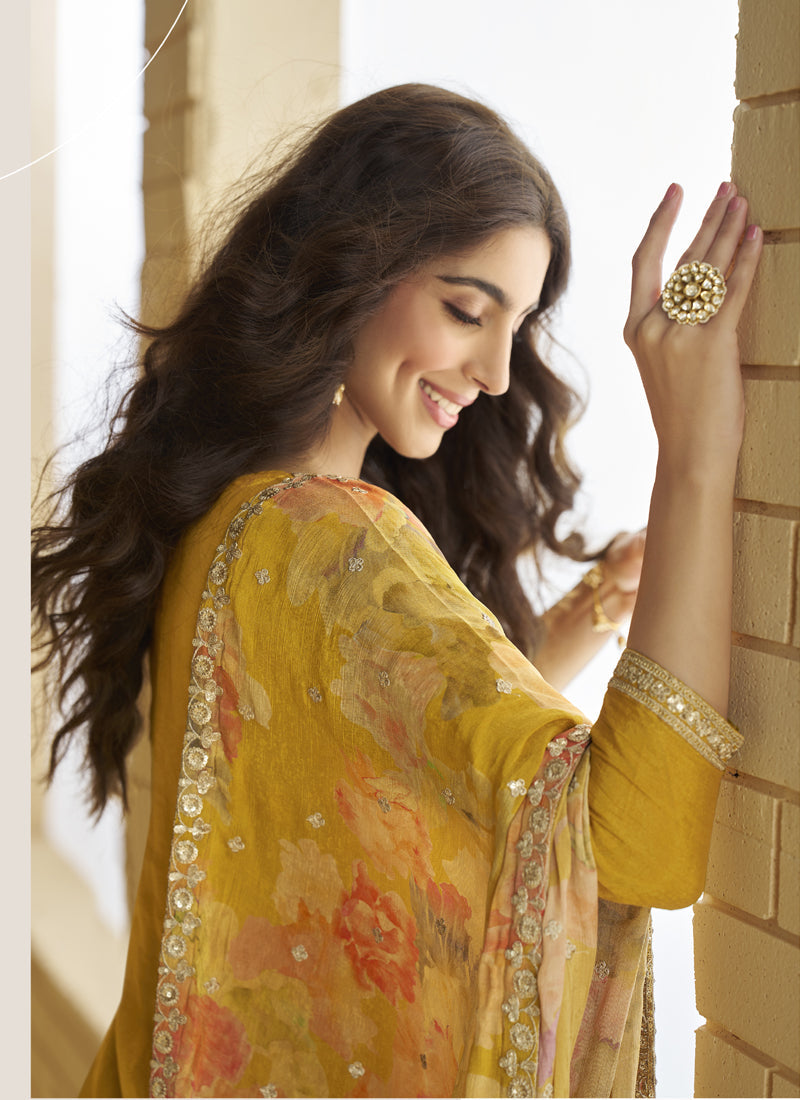 Vegaa Fashion Yellow Chinon Silk Embroidered Designer Palazzo Suit