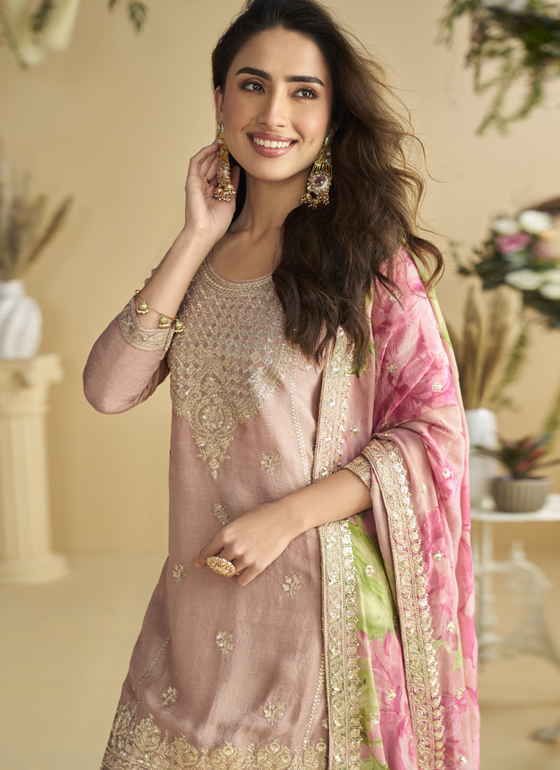 Vegaa Fashion Onion Pink Chinon Silk Embroidered Designer Palazzo Suit