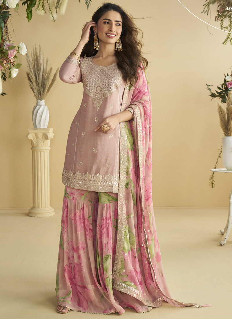 Vegaa Fashion Onion Pink Chinon Silk Embroidered Designer Palazzo Suit