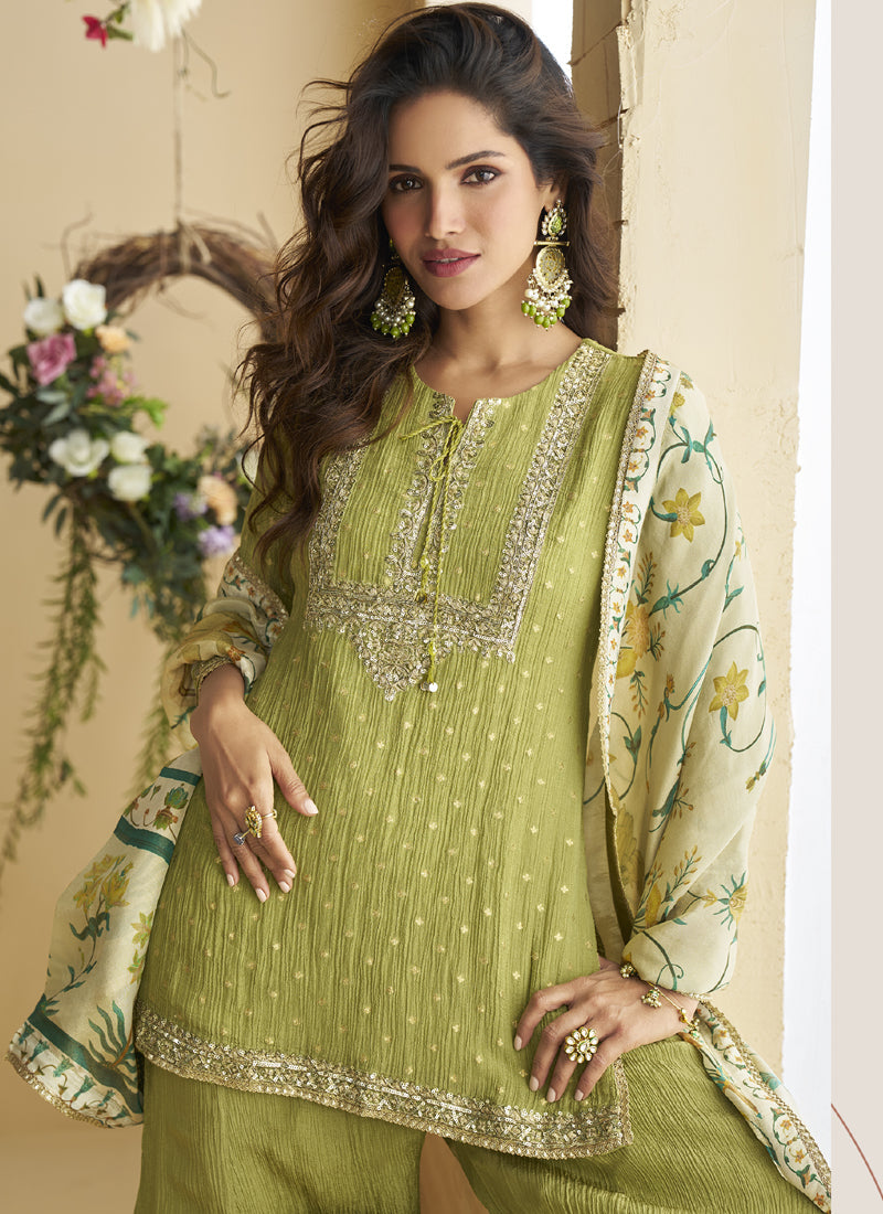 Vegaa Fashion Pista Green Chinon Silk Embroidered Designer Palazzo Suit