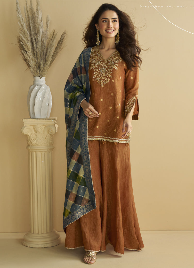Vegaa Fashion Brown Chinon Silk Embroidered Designer Palazzo Suit