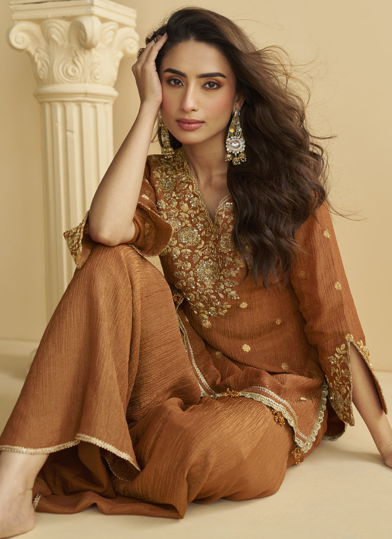 Vegaa Fashion Brown Chinon Silk Embroidered Designer Palazzo Suit