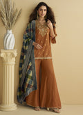 Vegaa Fashion Brown Chinon Silk Embroidered Designer Palazzo Suit
