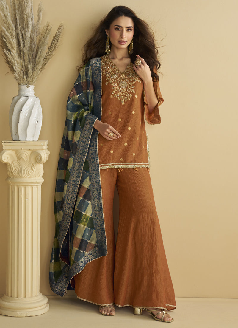 Vegaa Fashion Brown Chinon Silk Embroidered Designer Palazzo Suit