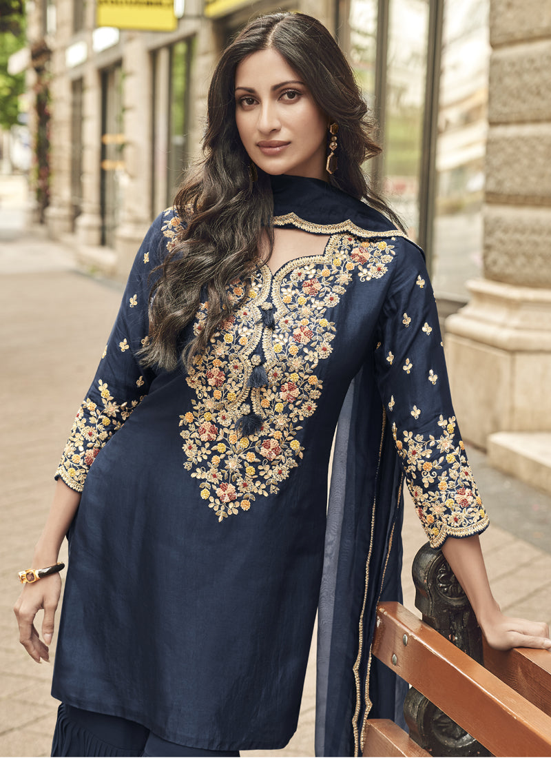 Vegaa Fashion Blue Premium Silk Embroidered Sharara Suit
