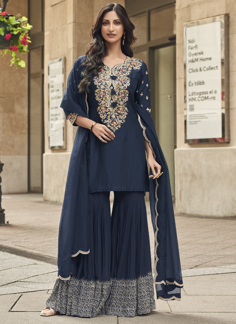Vegaa Fashion Blue Premium Silk Embroidered Sharara Suit