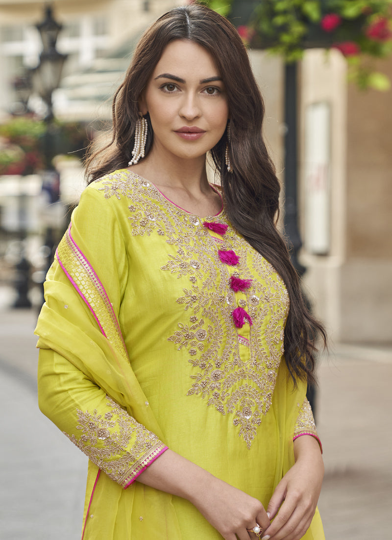 Vegaa Fashion Lime Green Premium Silk Embroidered Sharara Suit