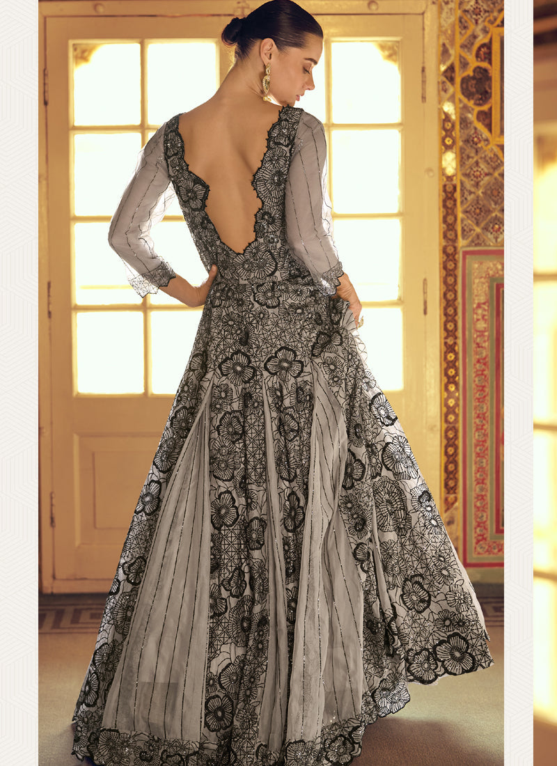 Vegaa Fashion Light Grey Viscose Shimmer Jacquard Silk Embroidered Gown