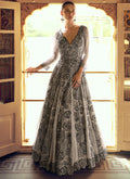 Vegaa Fashion Light Grey Viscose Shimmer Jacquard Silk Embroidered Gown