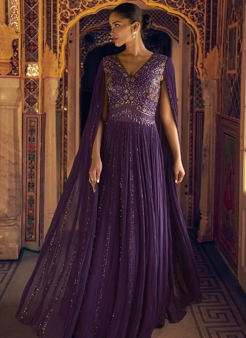 Vegaa Fashion Violet Viscose Shimmer Jacquard Silk Embroidered Gown