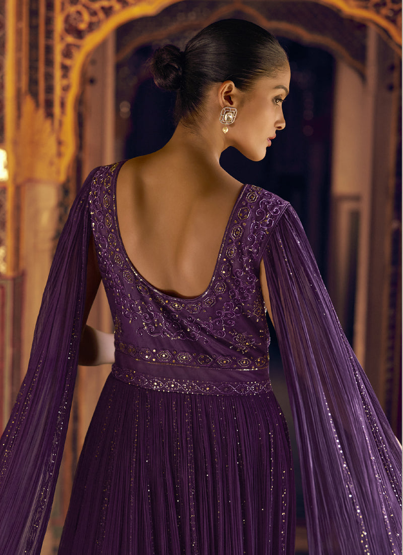 Vegaa Fashion Violet Viscose Shimmer Jacquard Silk Embroidered Gown