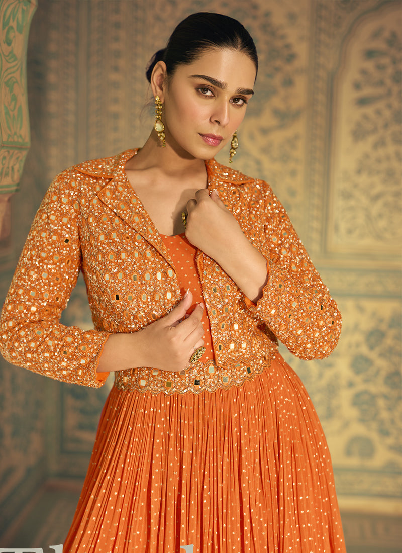 Vegaa Fashion Orange Viscose Shimmer Jacquard Silk Embroidered Gown