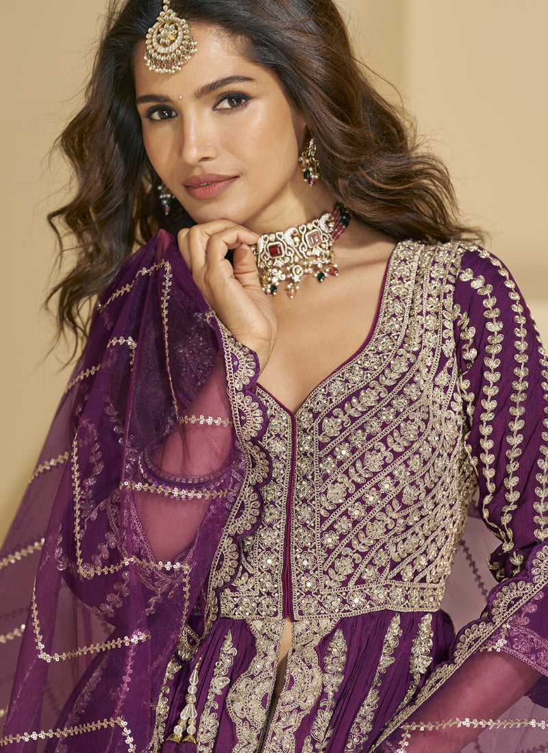 Vegaa Fashion Purple Chinon Silk Embroidered Lehenga Style Suit