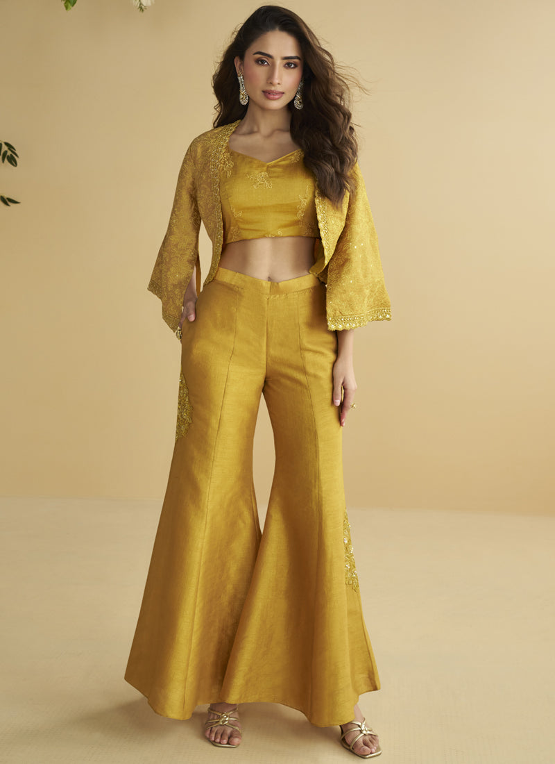 Vegaa Fashion Yellow Silk Embroidered Designer Palazzo With Jacket